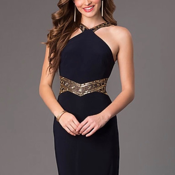 Betsy Adams Navy Gold Grecian Gown - Picture 4 of 16